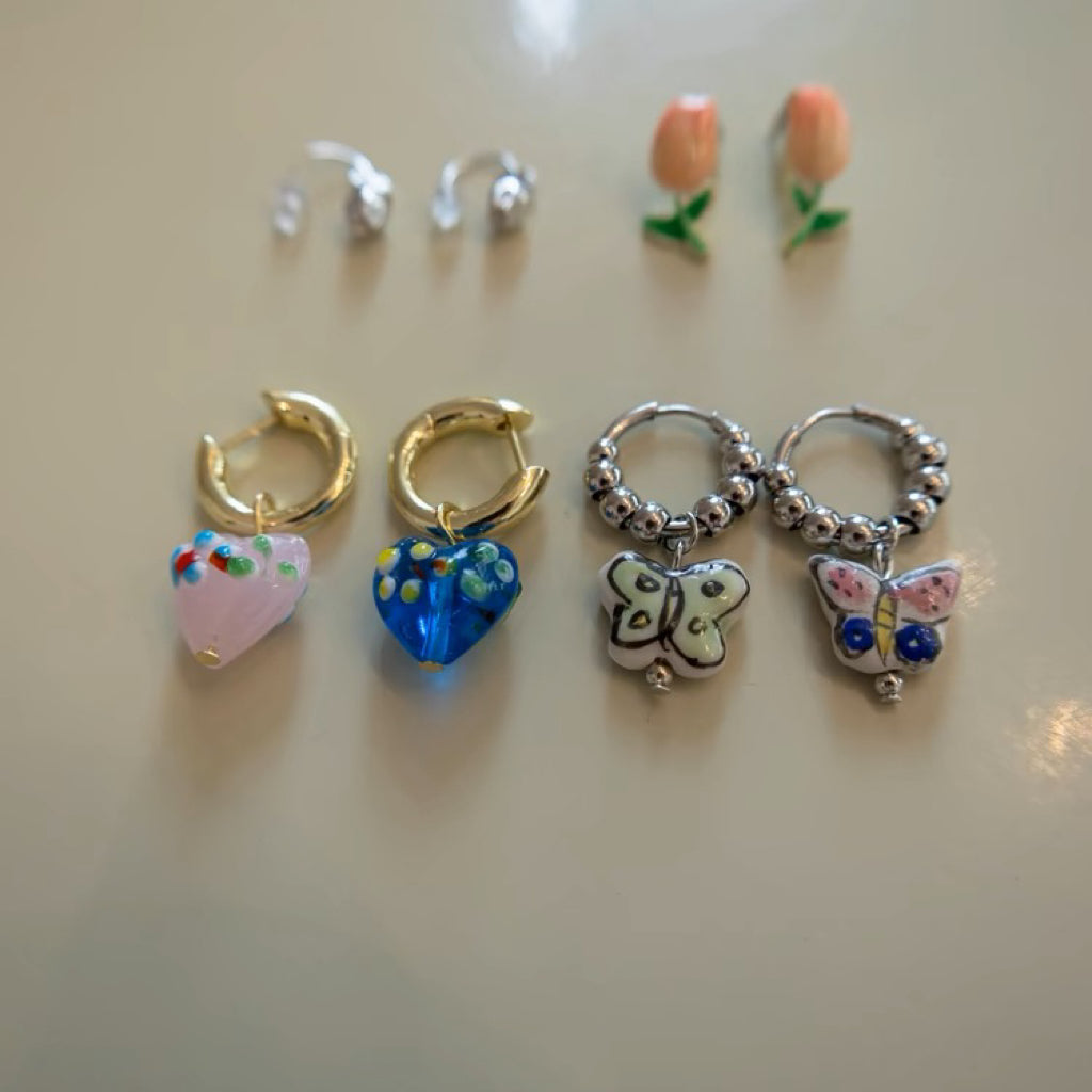 French Vintage Colorful Butterfly Heart Glass Earrings